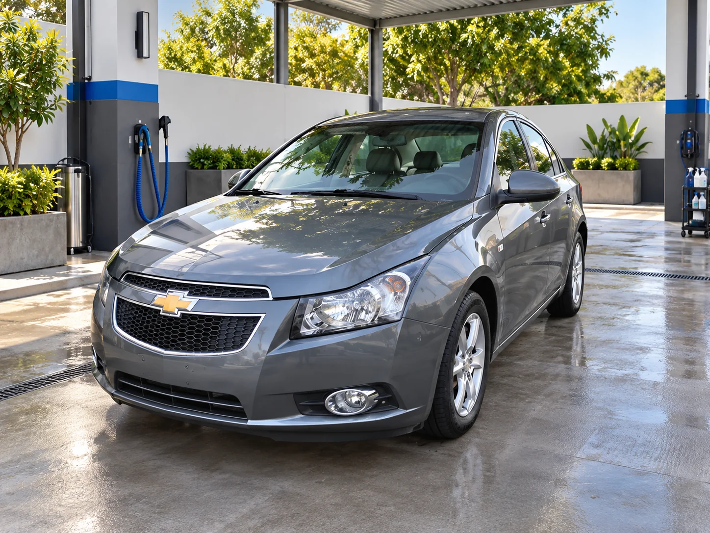 Chevrolet Cruze gris, vista delantera, en un lavadero con ambientación recreada.