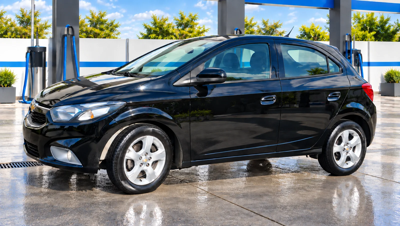 Chevrolet Onix negro, vista lateral delantera, en un lavadero con ambientación recreada.