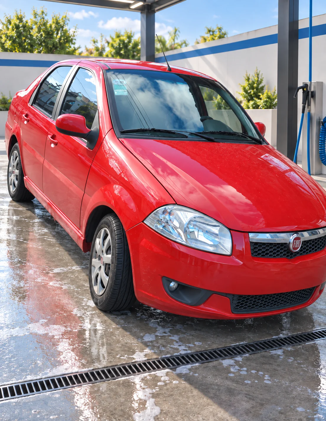 Fiat Siena rojo, vista delantera, en un lavadero con ambientación recreada.