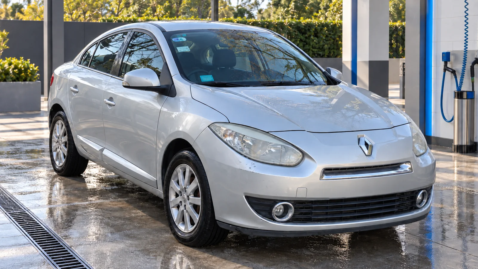 Renault Fluence plateado, vista delantera, en un lavadero con ambientación recreada.