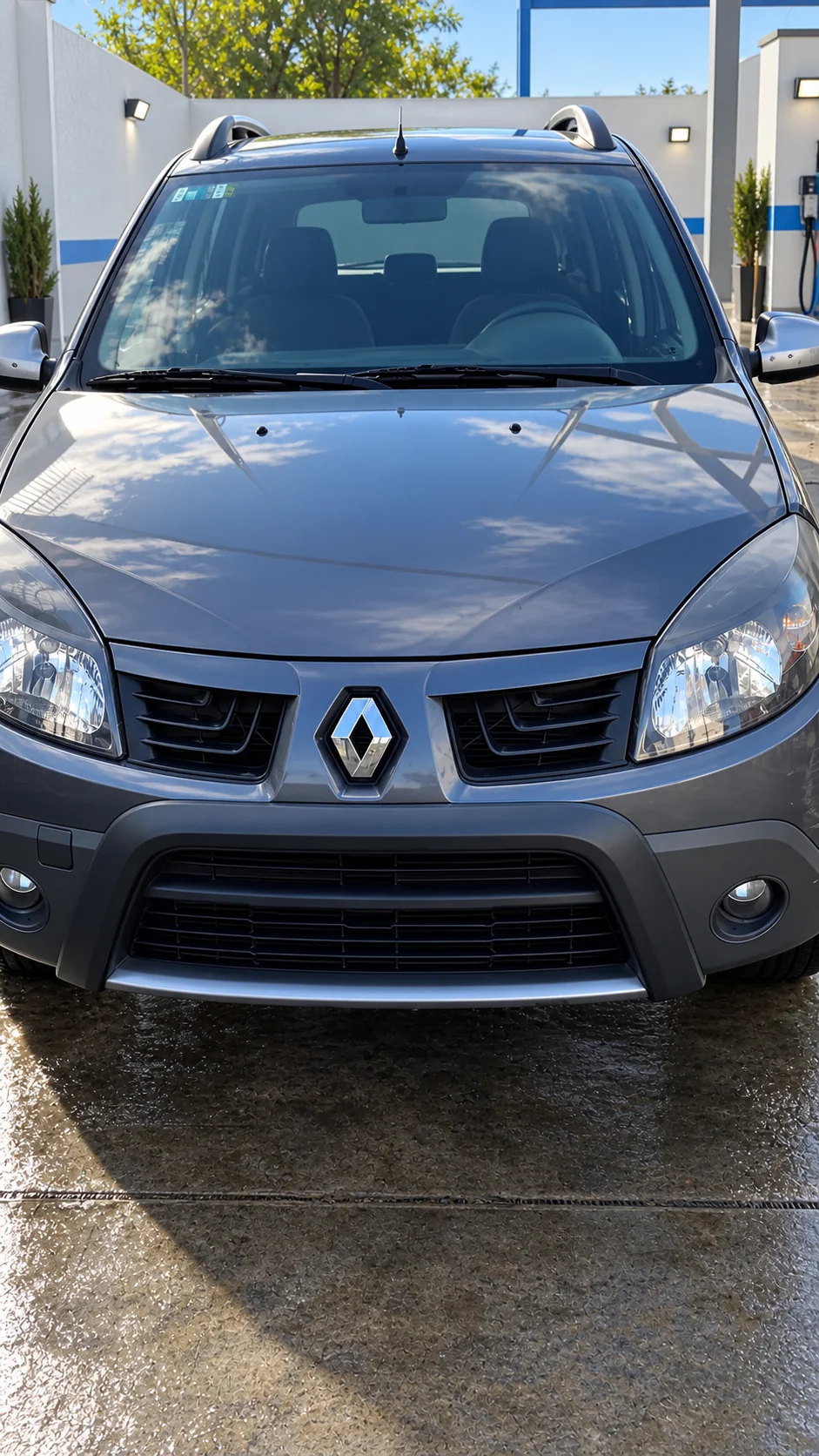Renault Sandero Stepway gris, vista delantera, en un lavadero con ambientación recreada.