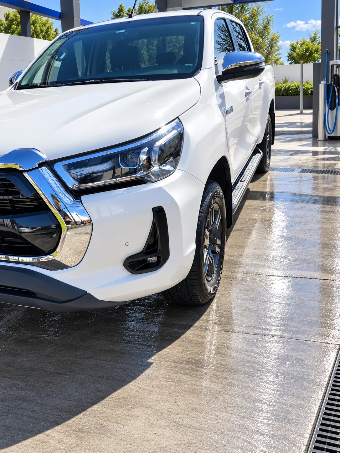 Toyota Hilux blanco, detalle frontal, en un lavadero con ambientación recreada.