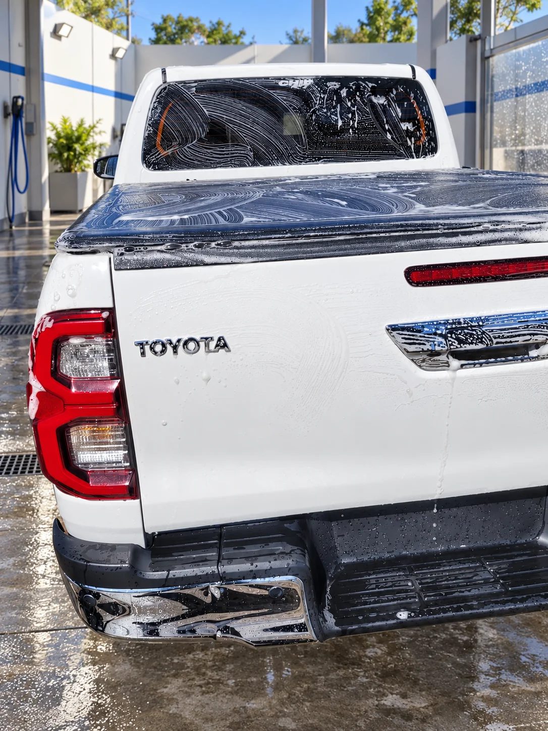 Toyota Hilux blanco, detalle trasero con espuma, en un lavadero con ambientación recreada.