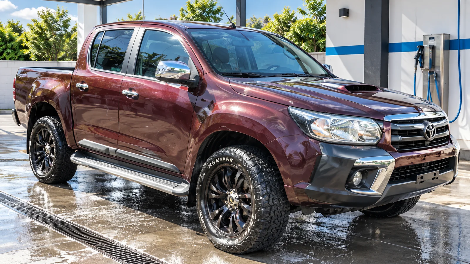 Toyota Hilux bordó, vista lateral, en un lavadero con ambientación recreada.