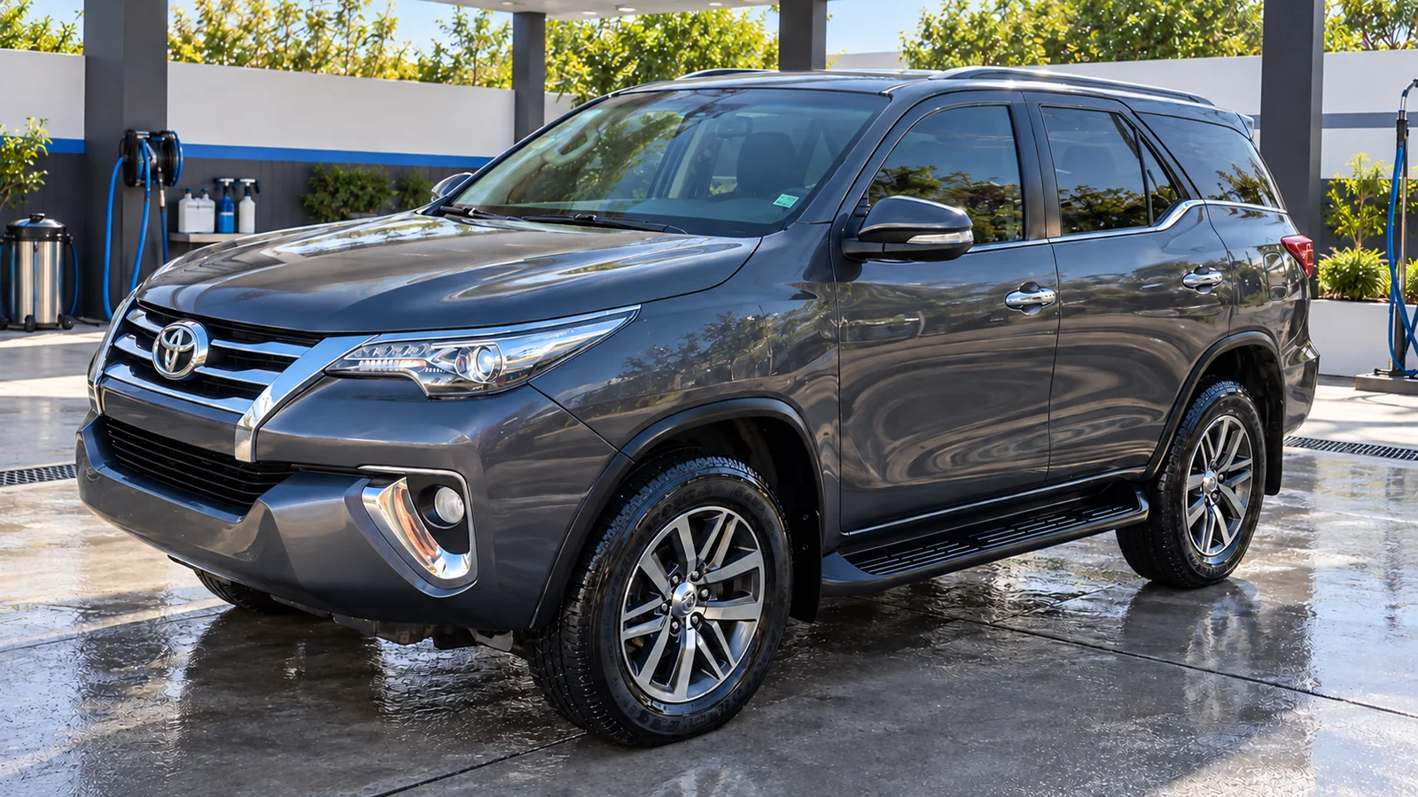 Toyota SW4 gris oscuro, vista lateral delantera, en un lavadero con ambientación recreada.